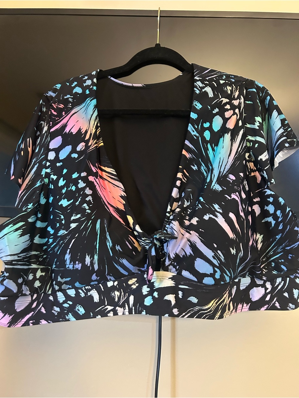 Black Crop swim Top with Pastel Watercolor Butterfly Print